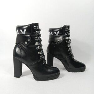 DKNY Black Moto Style Lace Up Logo High Heel Ankle Boots Womens Size 7.5